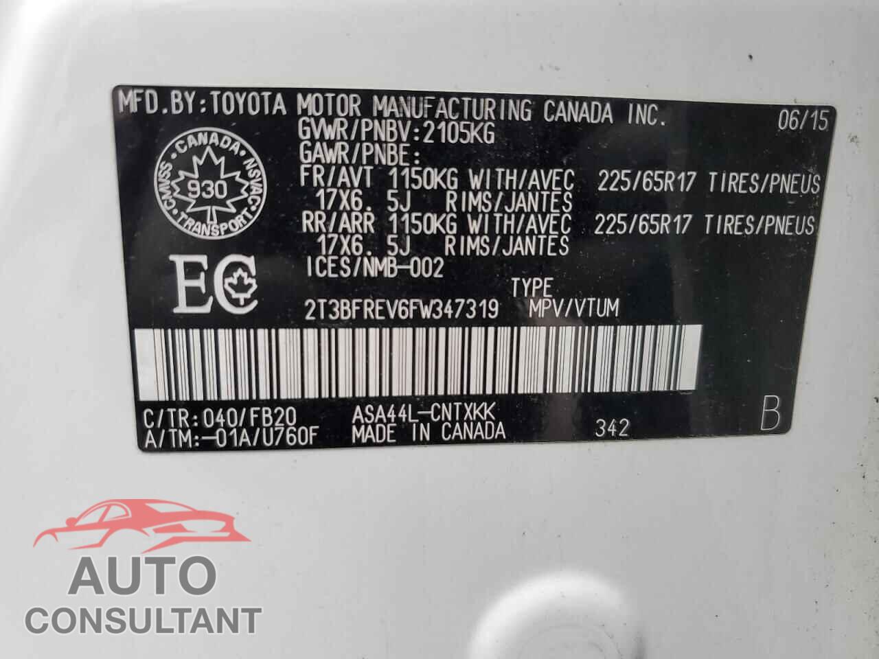 TOYOTA RAV4 2015 - 2T3BFREV6FW347319