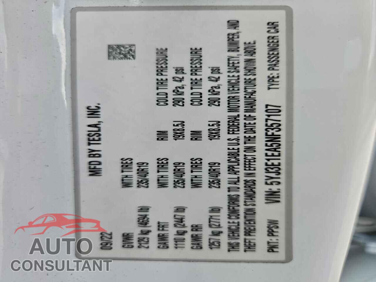 TESLA MODEL 3 2022 - 5YJ3E1EA5NF357107