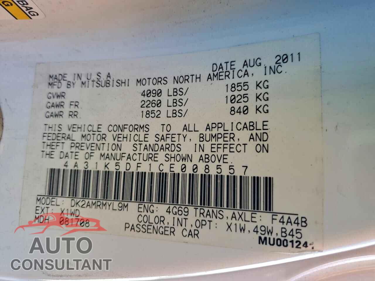MITSUBISHI ECLIPSE 2012 - 4A31K5DF1CE008557