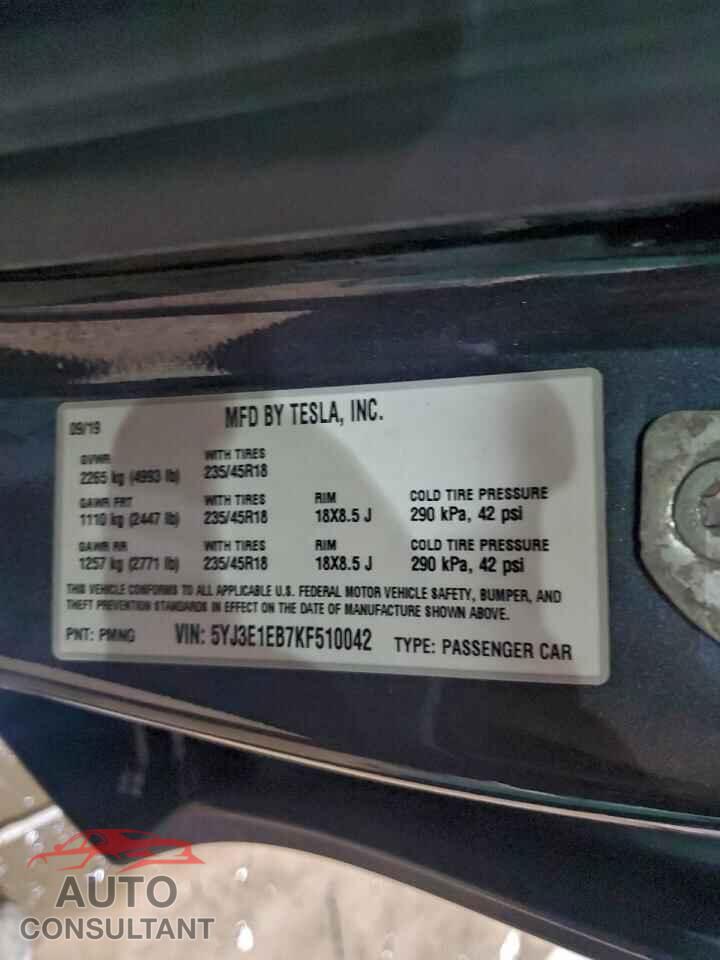 TESLA MODEL 3 2019 - 5YJ3E1EB7KF510042