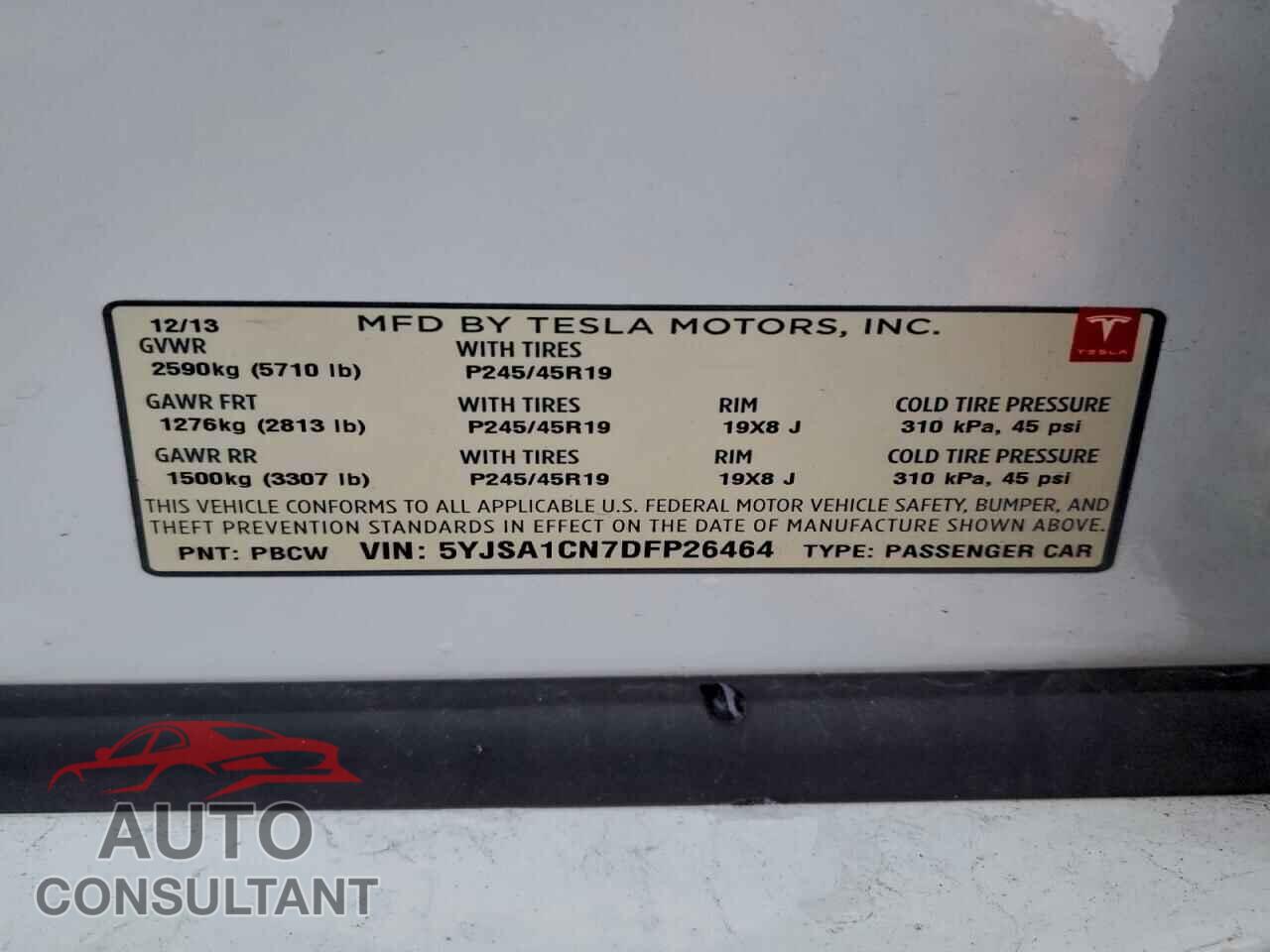TESLA MODEL S 2013 - 5YJSA1CN7DFP26464