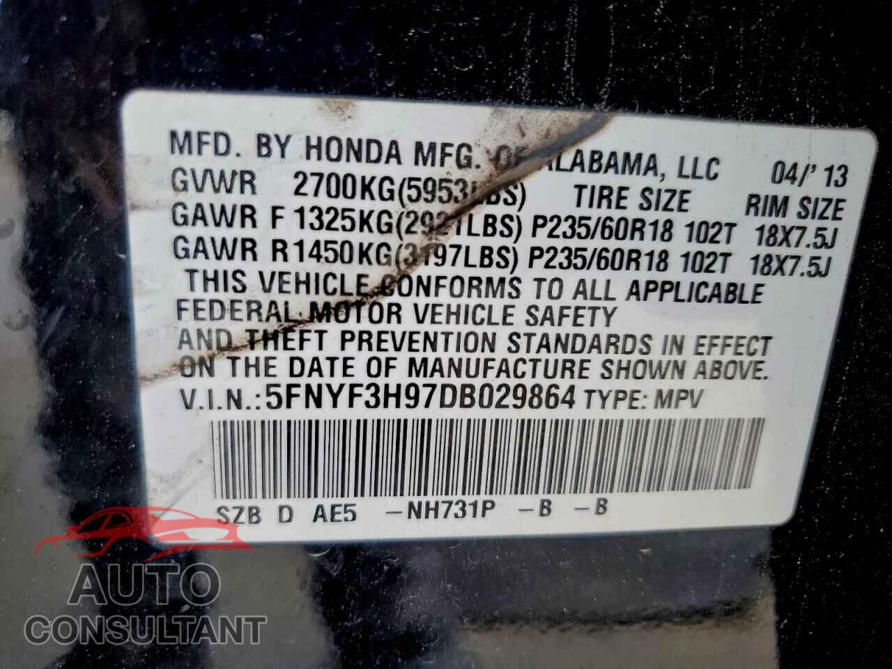 HONDA PILOT 2013 - 5FNYF3H97DB029864
