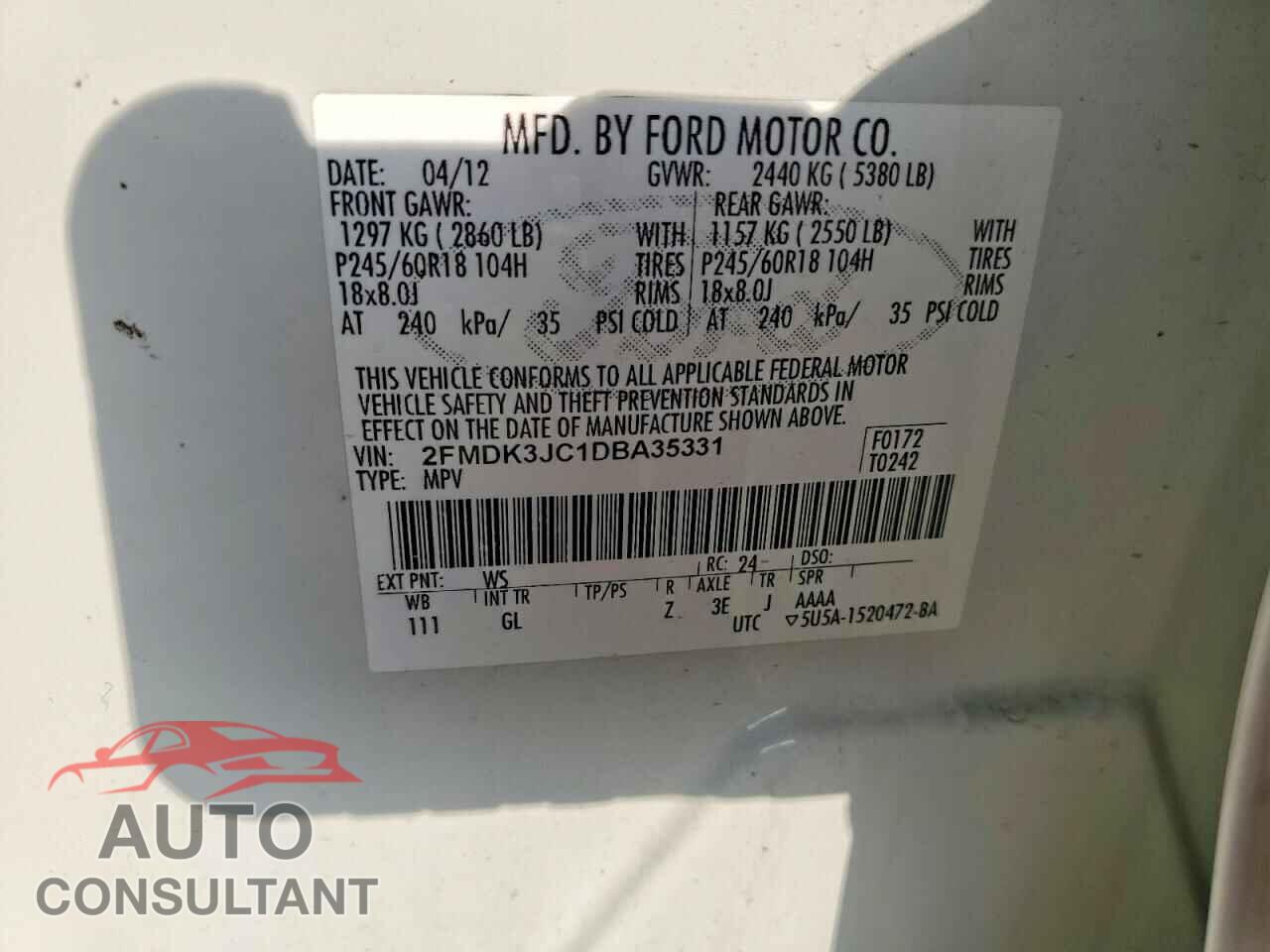 FORD EDGE 2013 - 2FMDK3JC1DBA35331