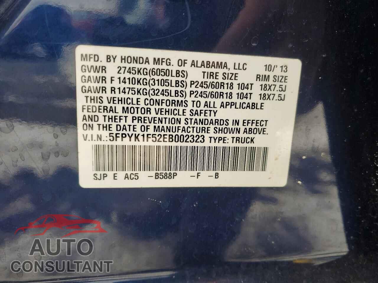 HONDA RIDGELINE 2014 - 5FPYK1F52EB002323