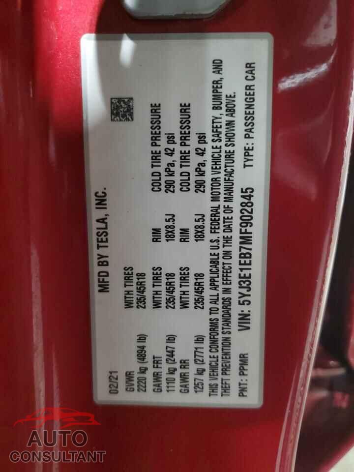 TESLA MODEL 3 2021 - 5YJ3E1EB7MF902845