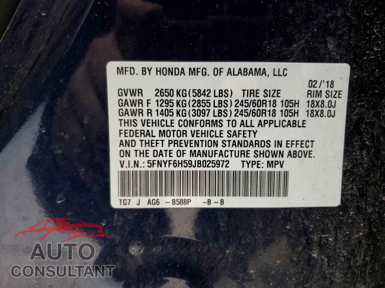 HONDA PILOT 2018 - 5FNYF6H59JB025972