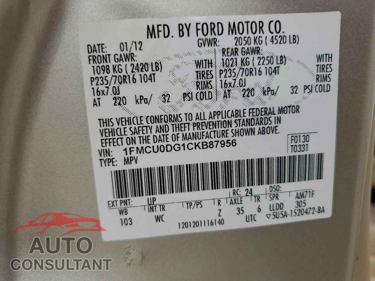 FORD ESCAPE 2012 - 1FMCU0DG1CKB87956