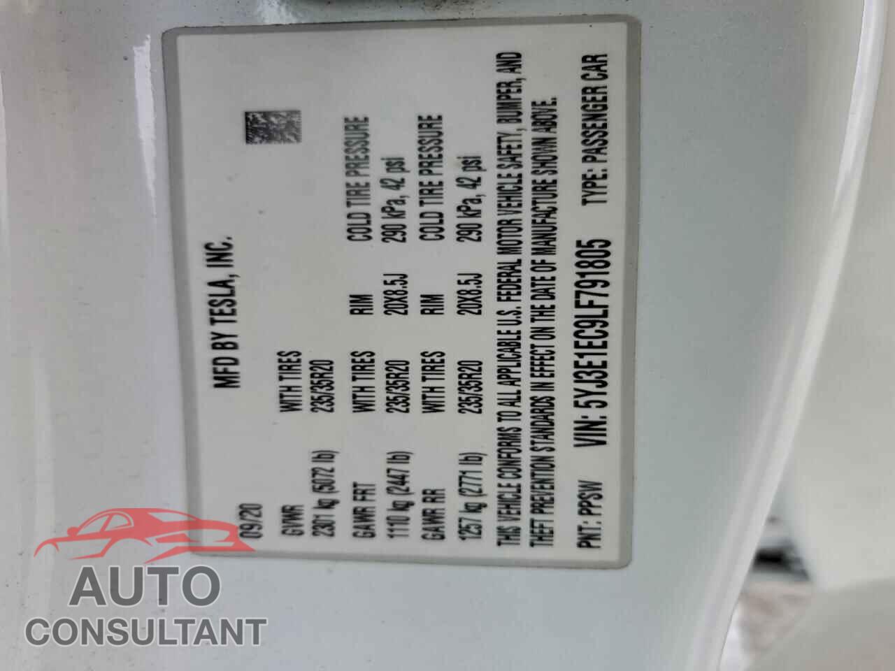 TESLA MODEL 3 2020 - 5YJ3E1EC9LF791805