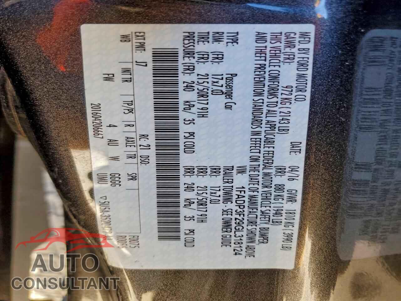 FORD FOCUS 2016 - 1FADP3F29GL318124