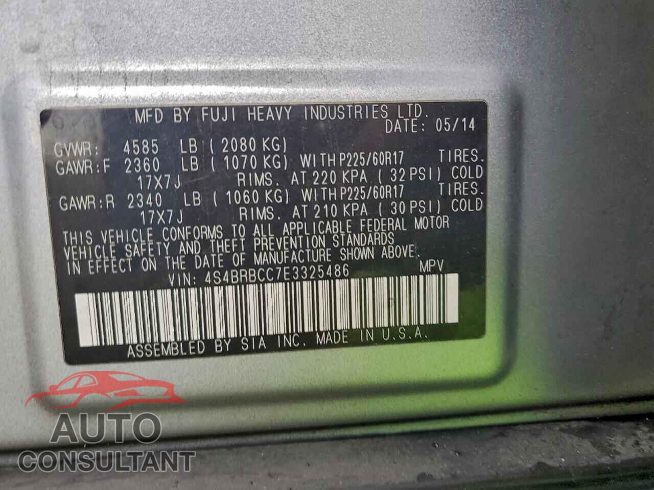 SUBARU OUTBACK 2014 - 4S4BRBCC7E3325486
