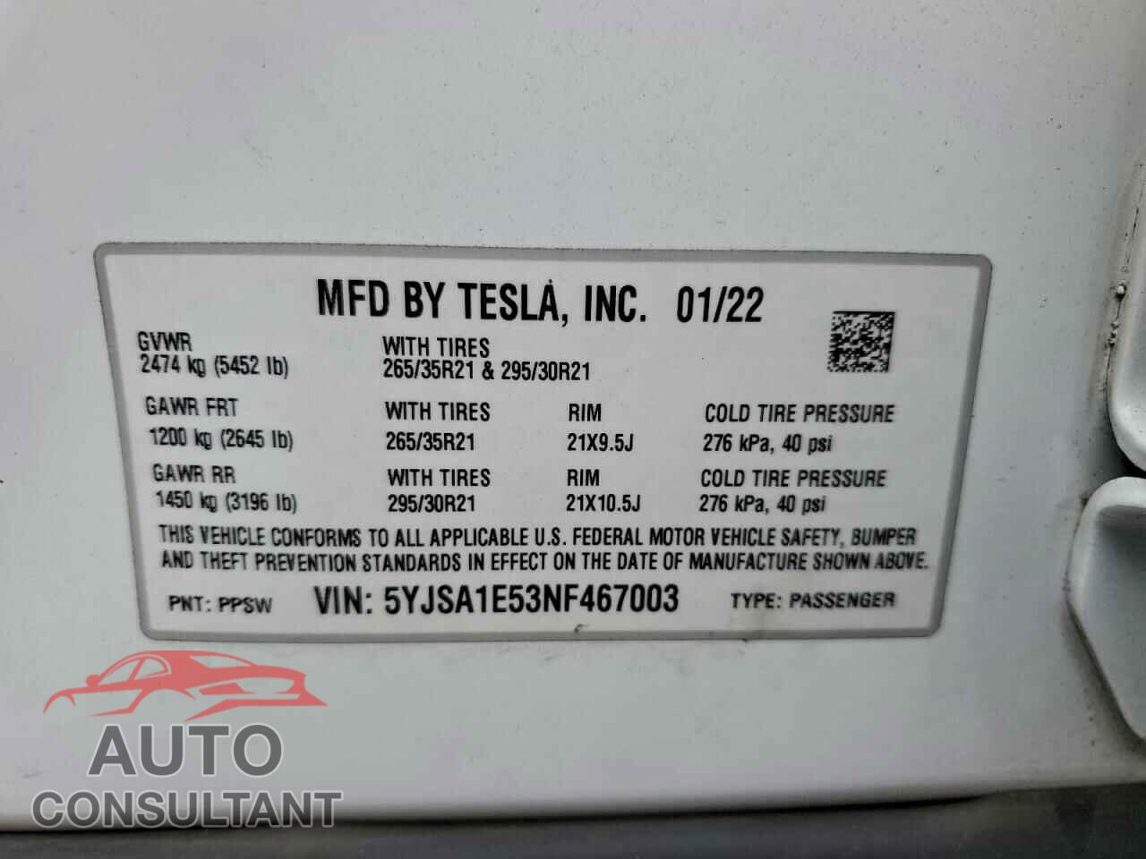 TESLA MODEL S 2022 - 5YJSA1E53NF467003