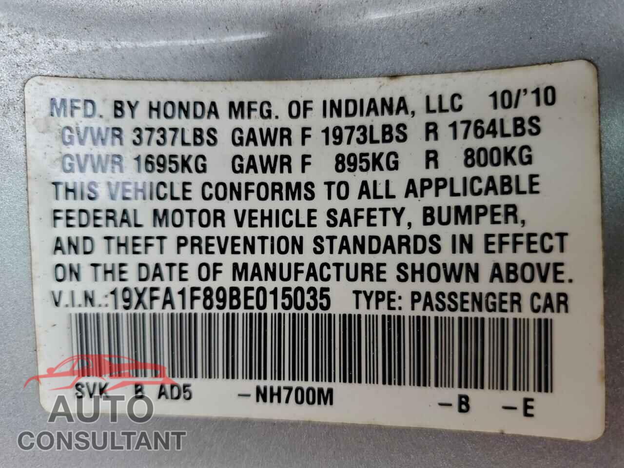 HONDA CIVIC 2011 - 19XFA1F89BE015035