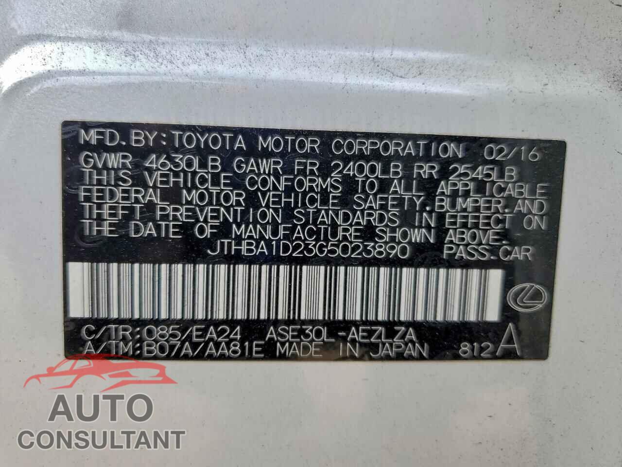 LEXUS IS 2016 - JTHBA1D23G5023890