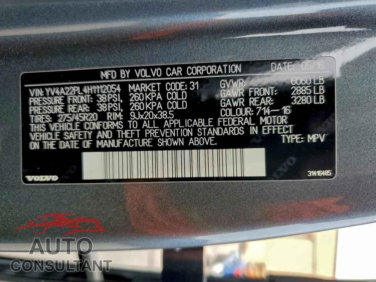 VOLVO XC90 2017 - YV4A22PL4H1112054