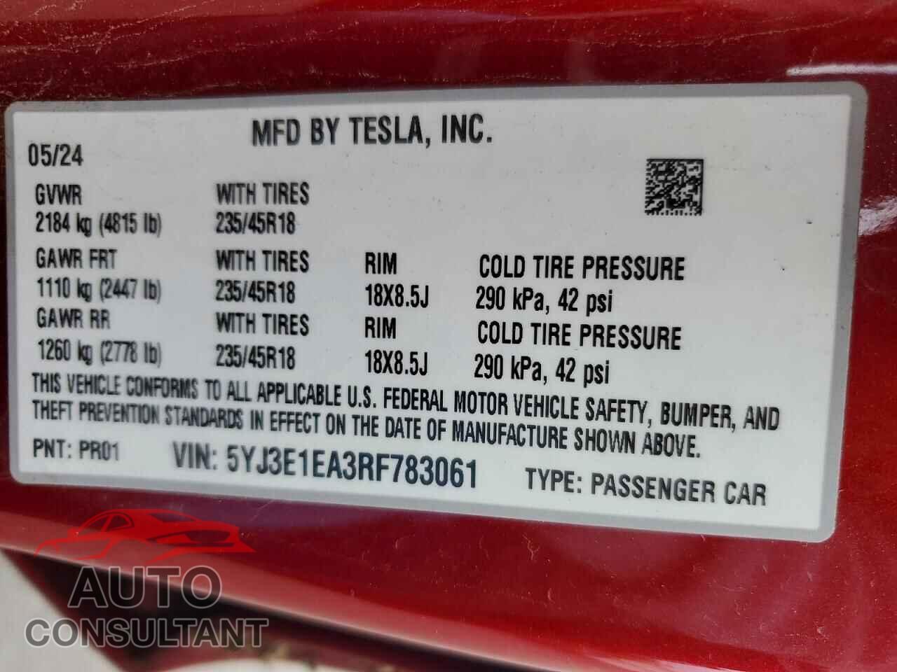 TESLA MODEL 3 2024 - 5YJ3E1EA3RF783061