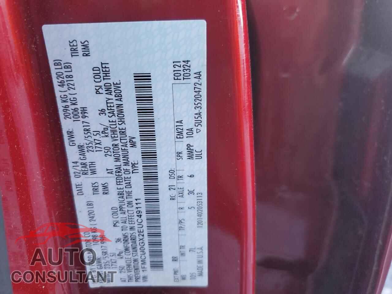FORD ESCAPE 2014 - 1FMCU0GX2EUC49111