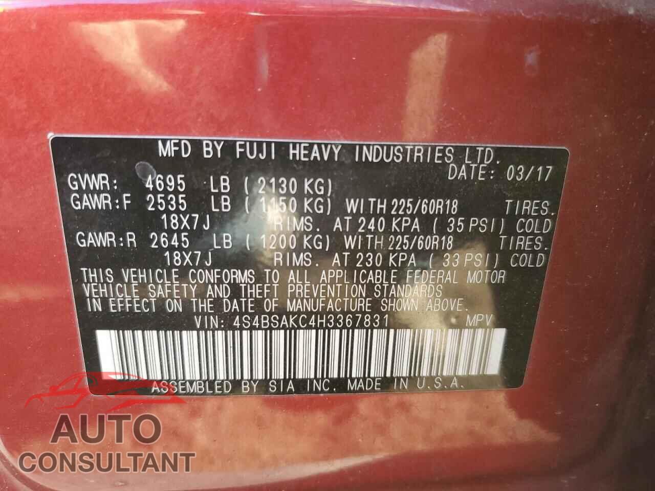 SUBARU OUTBACK 2017 - 4S4BSAKC4H3367831