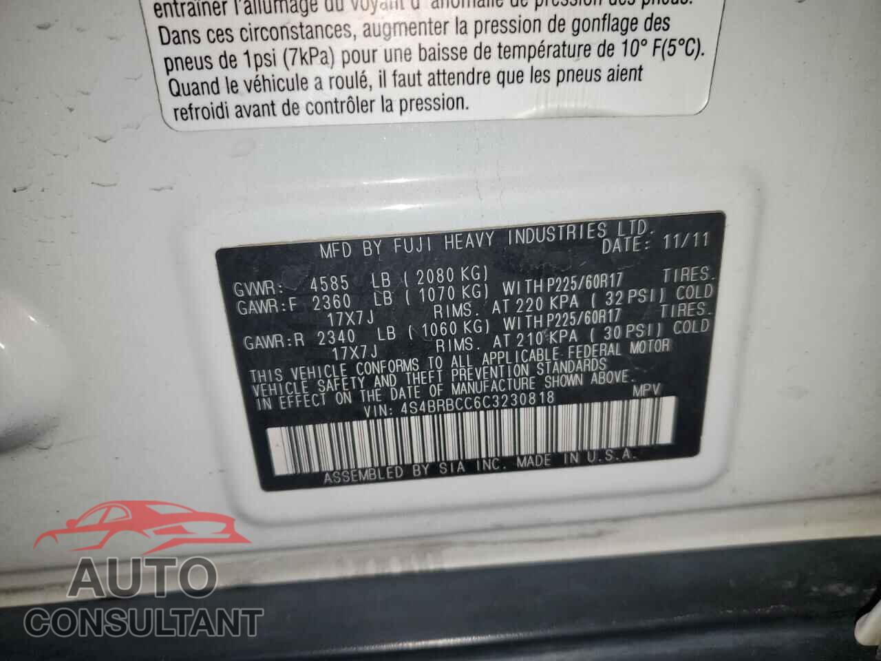 SUBARU OUTBACK 2012 - 4S4BRBCC6C3230818
