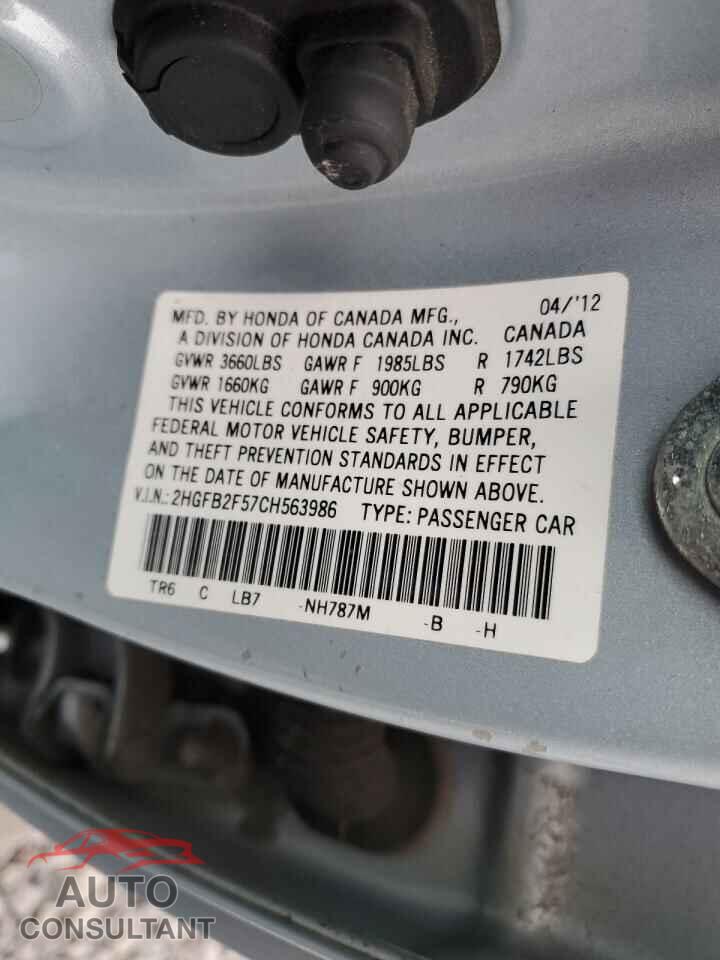 HONDA CIVIC 2012 - 2HGFB2F57CH563986
