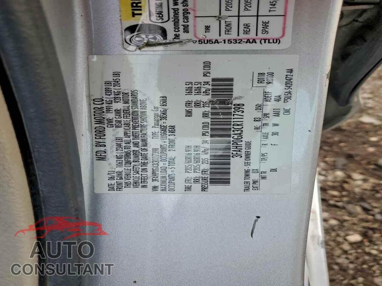FORD FUSION 2012 - 3FAHP0GA3CR117398