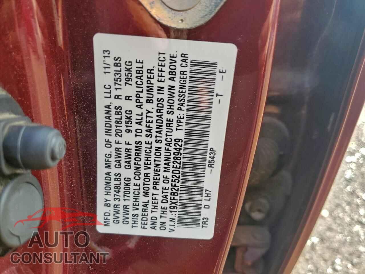 HONDA CIVIC 2013 - 19XFB2F52DE289429