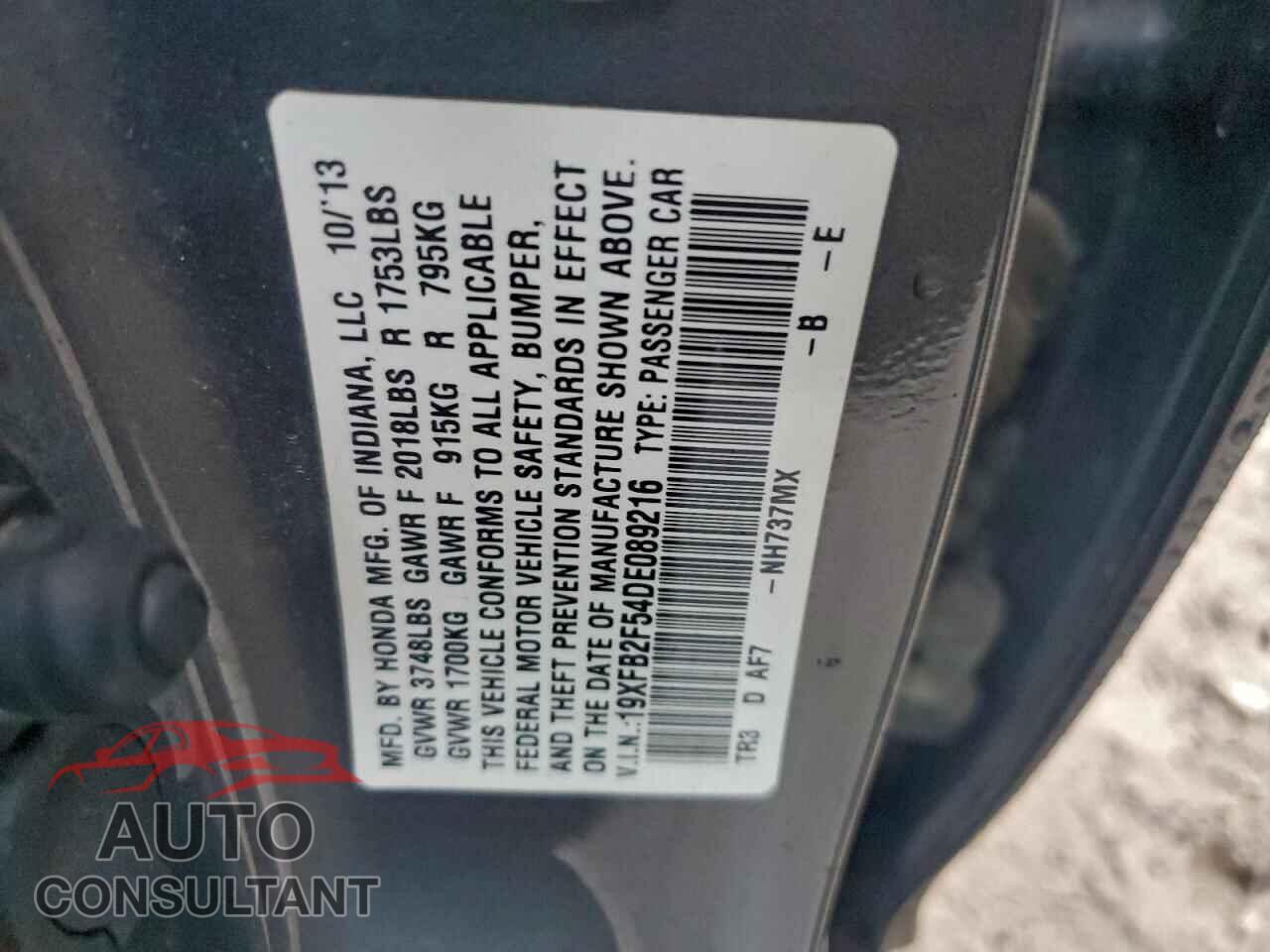 HONDA CIVIC 2013 - 19XFB2F54DE089216