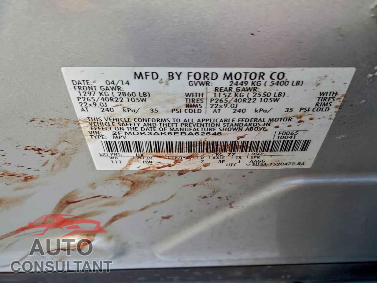FORD EDGE 2014 - 2FMDK3AK6EBA62646