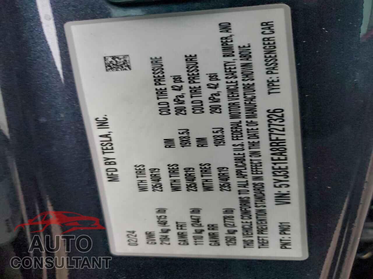 TESLA MODEL 3 2024 - 5YJ3E1EA8RF727326