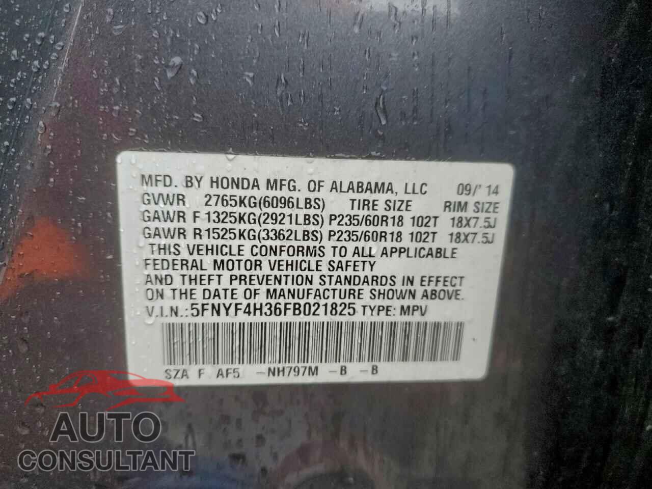 HONDA PILOT 2015 - 5FNYF4H36FB021825