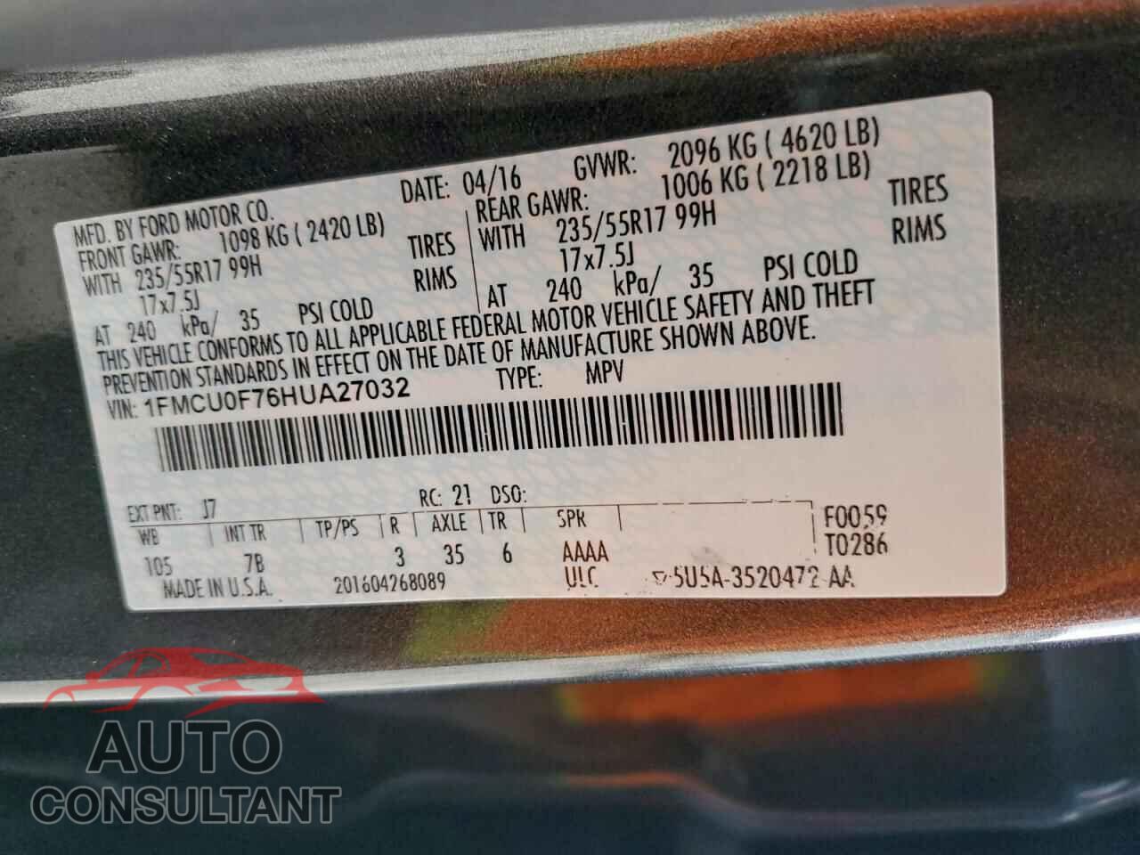 FORD ESCAPE 2017 - 1FMCU0F76HUA27032