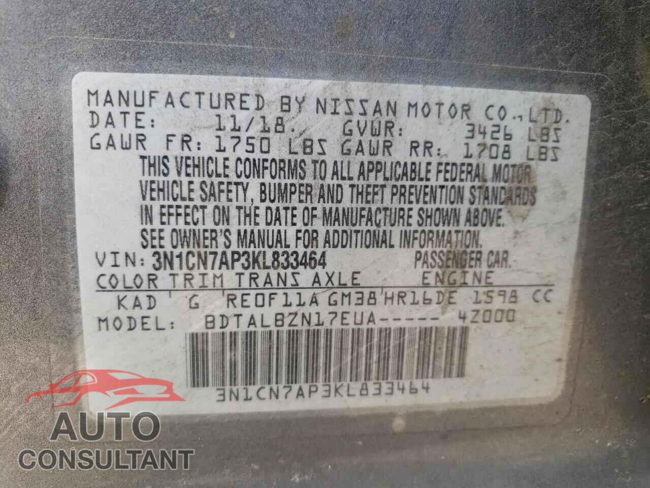 NISSAN VERSA 2019 - 3N1CN7AP3KL833464