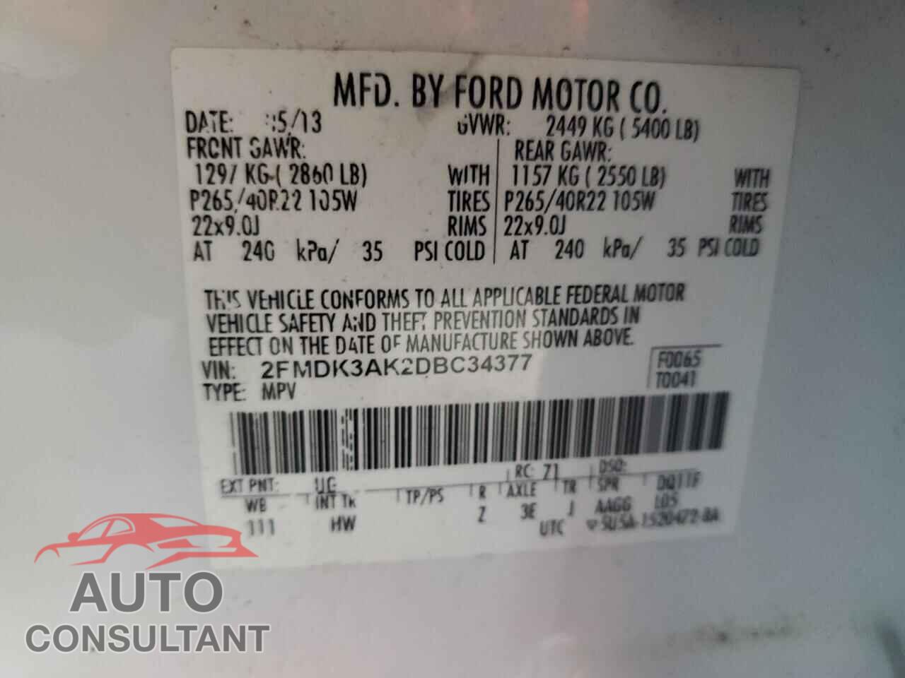 FORD EDGE 2013 - 2FMDK3AK2DBC34377