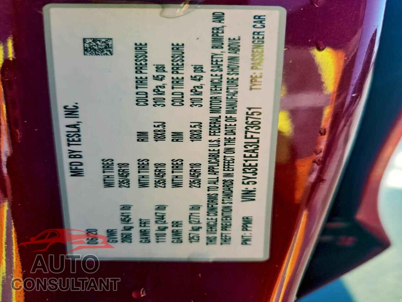 TESLA MODEL 3 2020 - 5YJ3E1EA3LF736751