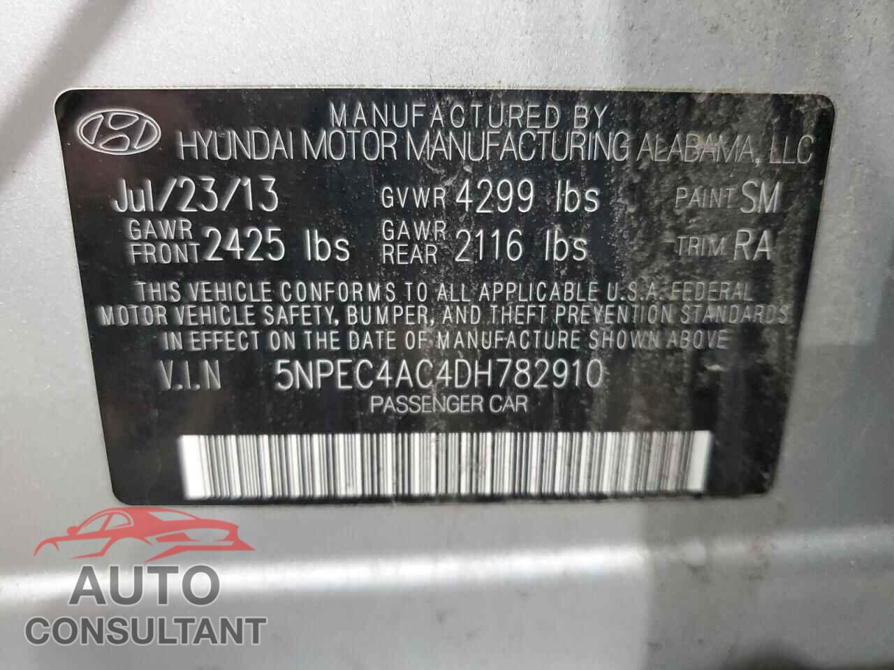 HYUNDAI SONATA 2013 - 5NPEC4AC4DH782910