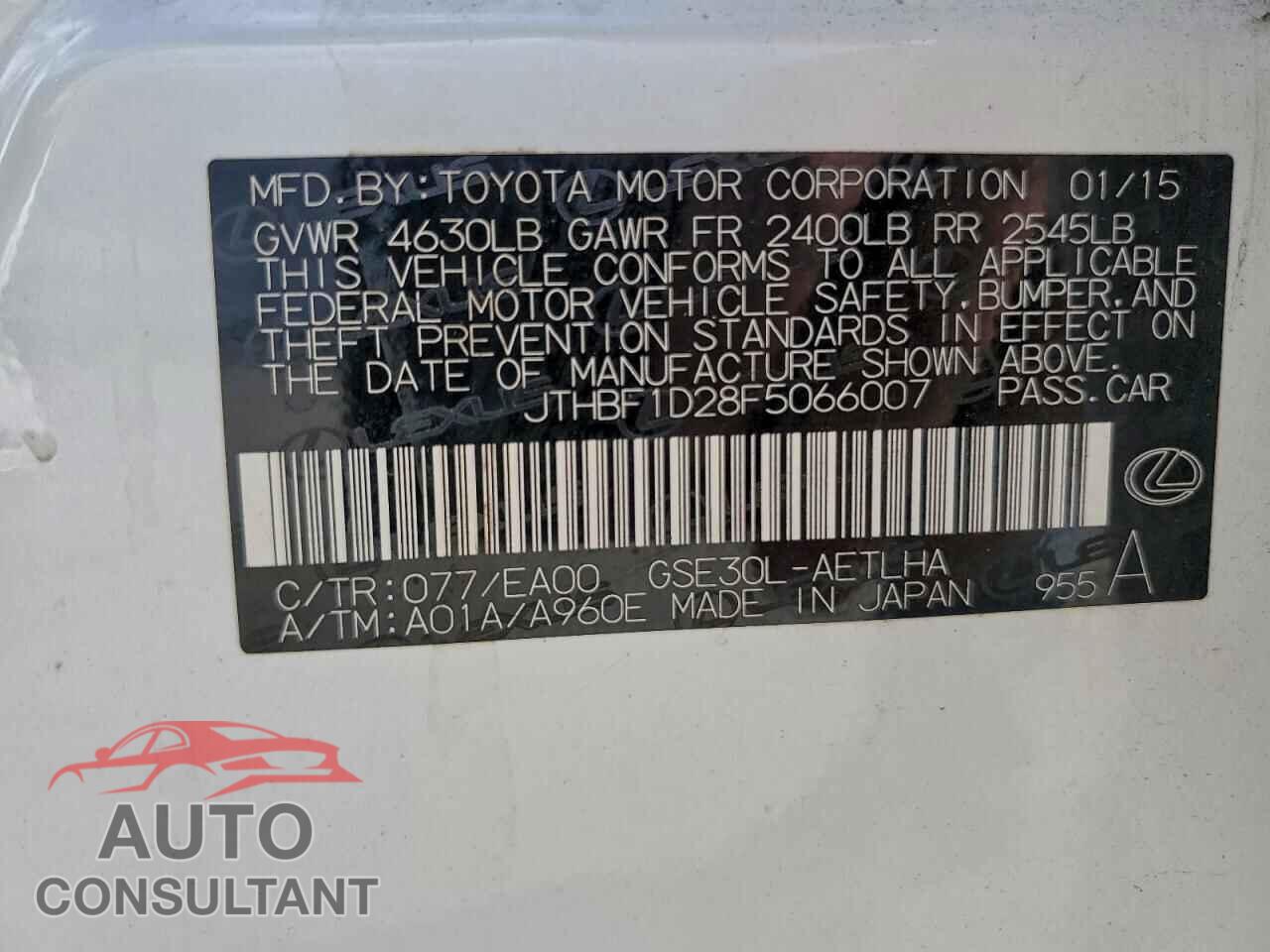 LEXUS IS 2015 - JTHBF1D28F5066007