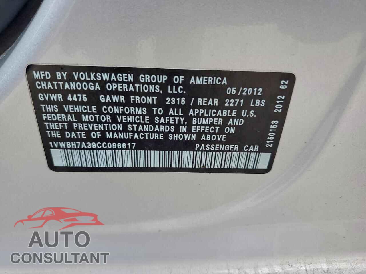 VOLKSWAGEN PASSAT 2012 - 1VWBH7A39CC096617