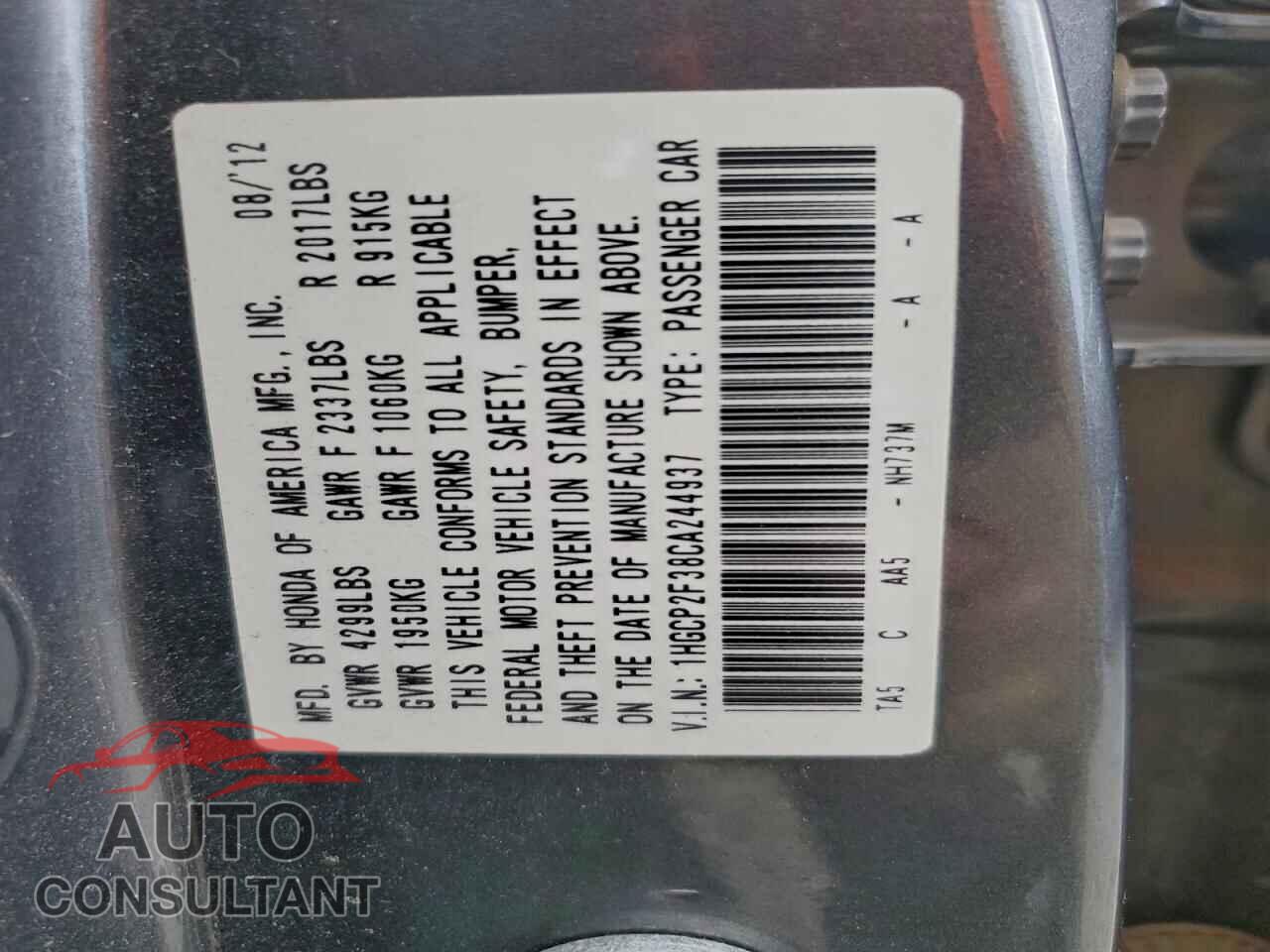 HONDA ACCORD 2012 - 1HGCP2F38CA244937