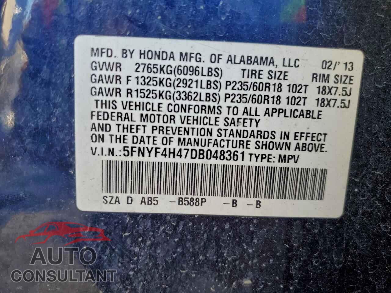 HONDA PILOT 2013 - 5FNYF4H47DB048361