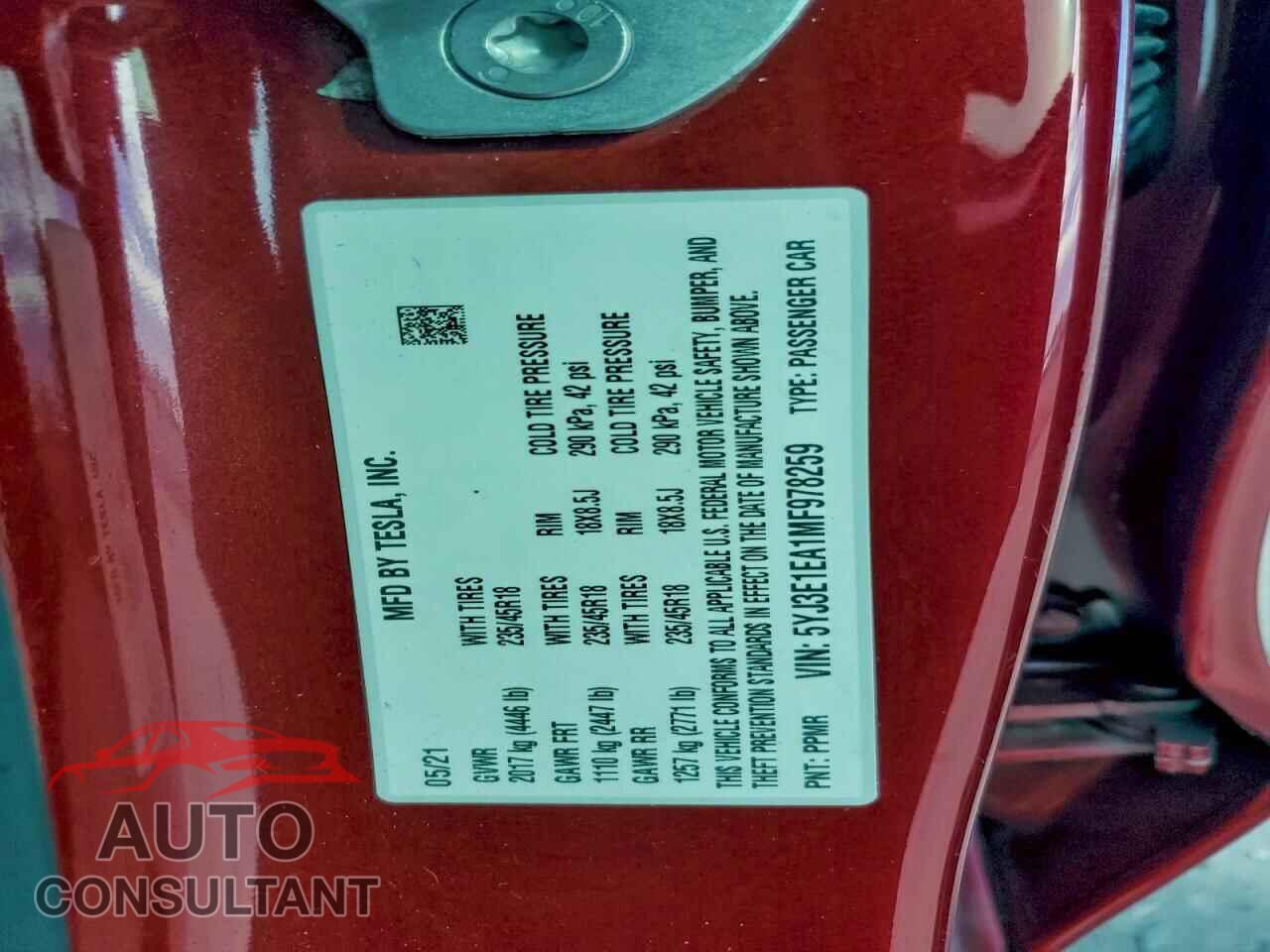 TESLA MODEL 3 2021 - 5YJ3E1EA1MF978259