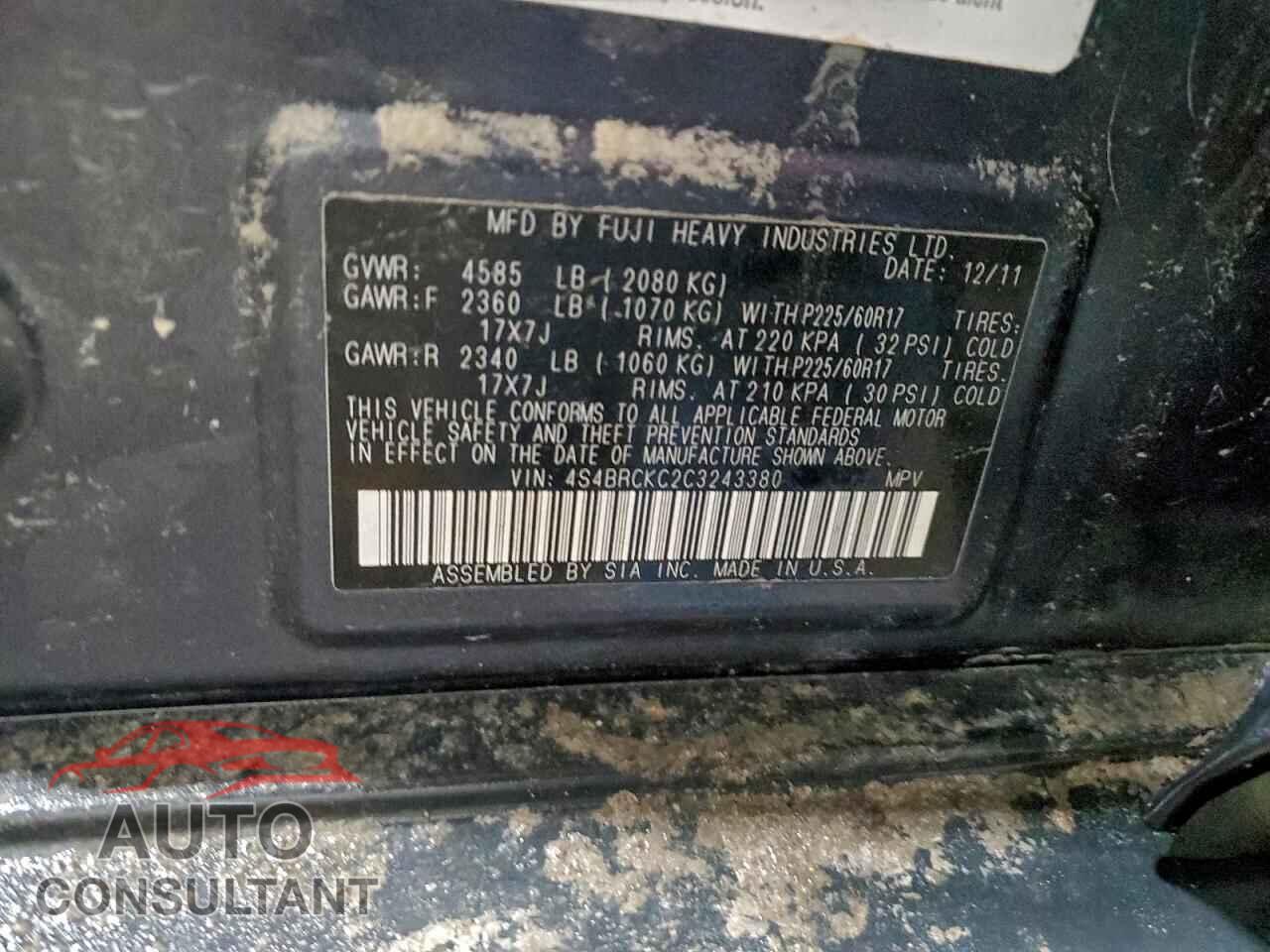 SUBARU OUTBACK 2012 - 4S4BRCKC2C3243380