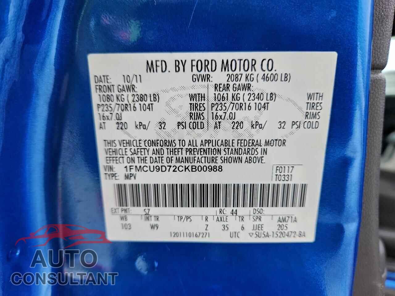 FORD ESCAPE 2012 - 1FMCU9D72CKB00988