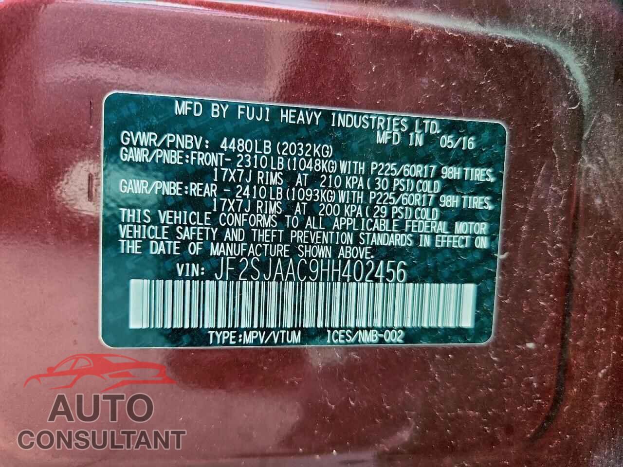 SUBARU FORESTER 2017 - JF2SJAAC9HH402456