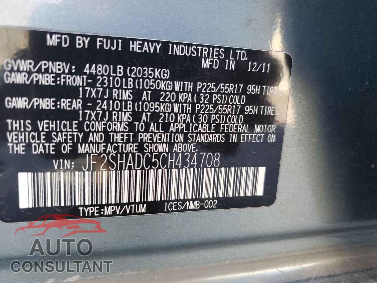 SUBARU FORESTER 2012 - JF2SHADC5CH434708