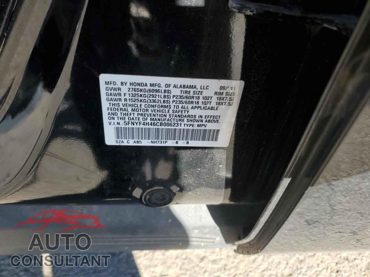 HONDA PILOT 2012 - 5FNYF4H46CB006231
