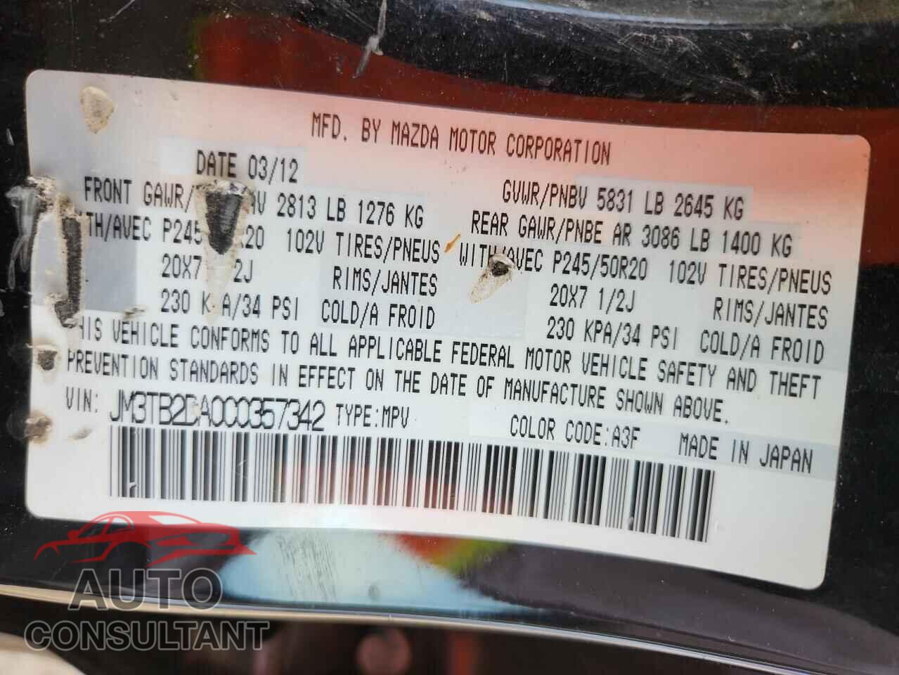 MAZDA CX-9 2012 - JM3TB2DA0C0357342