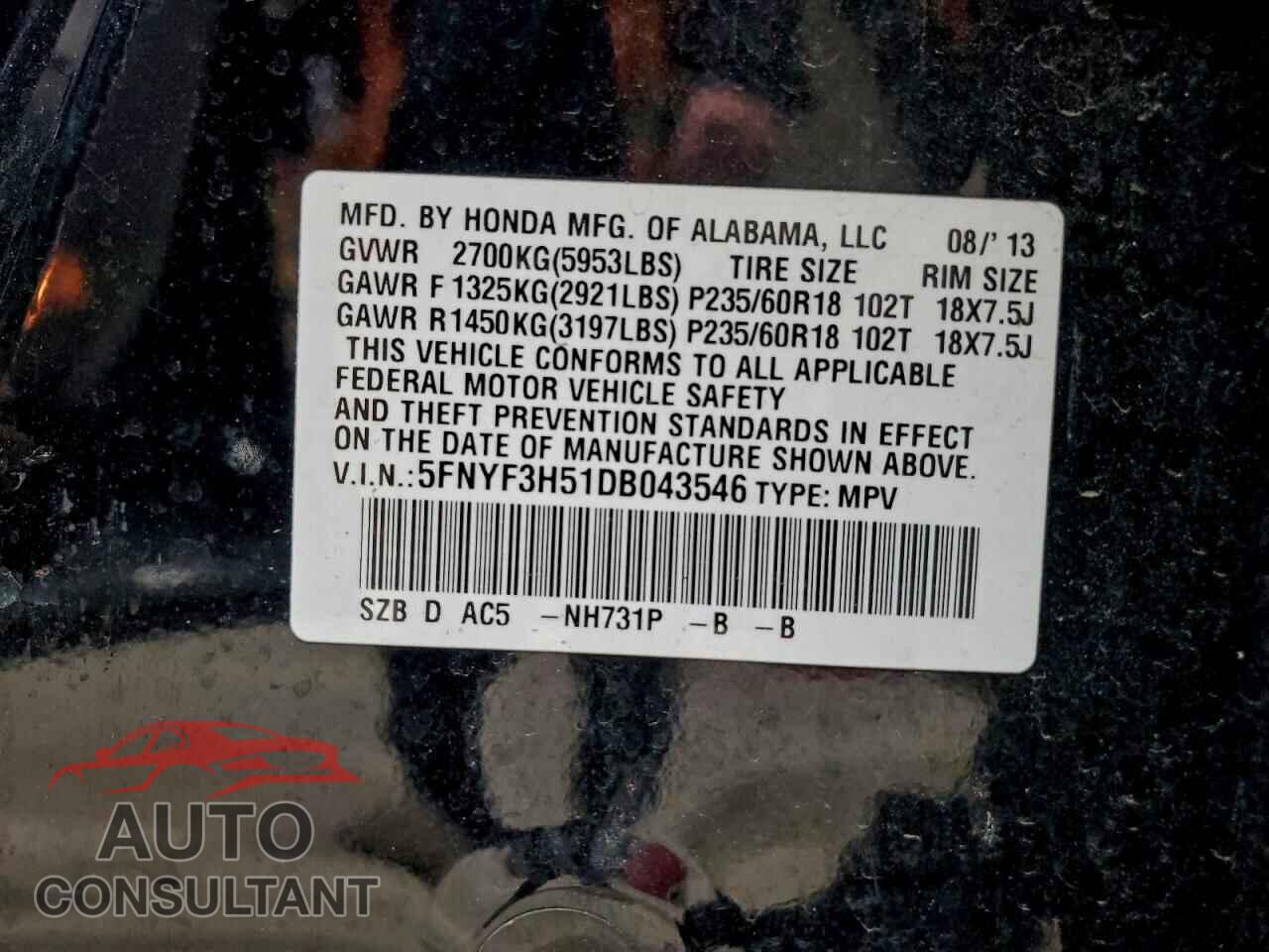 HONDA PILOT 2013 - 5FNYF3H51DB043546