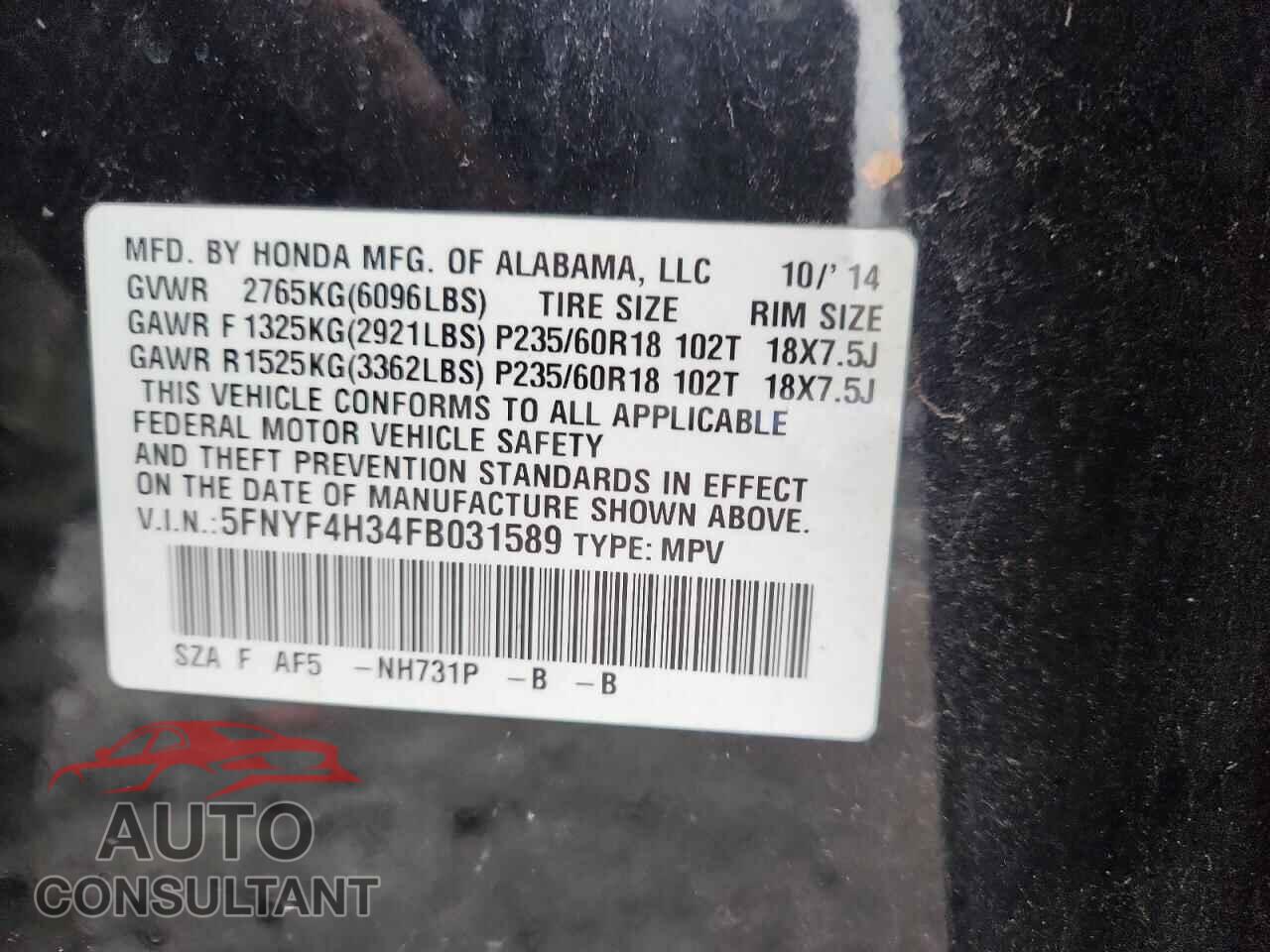 HONDA PILOT 2015 - 5FNYF4H34FB031589