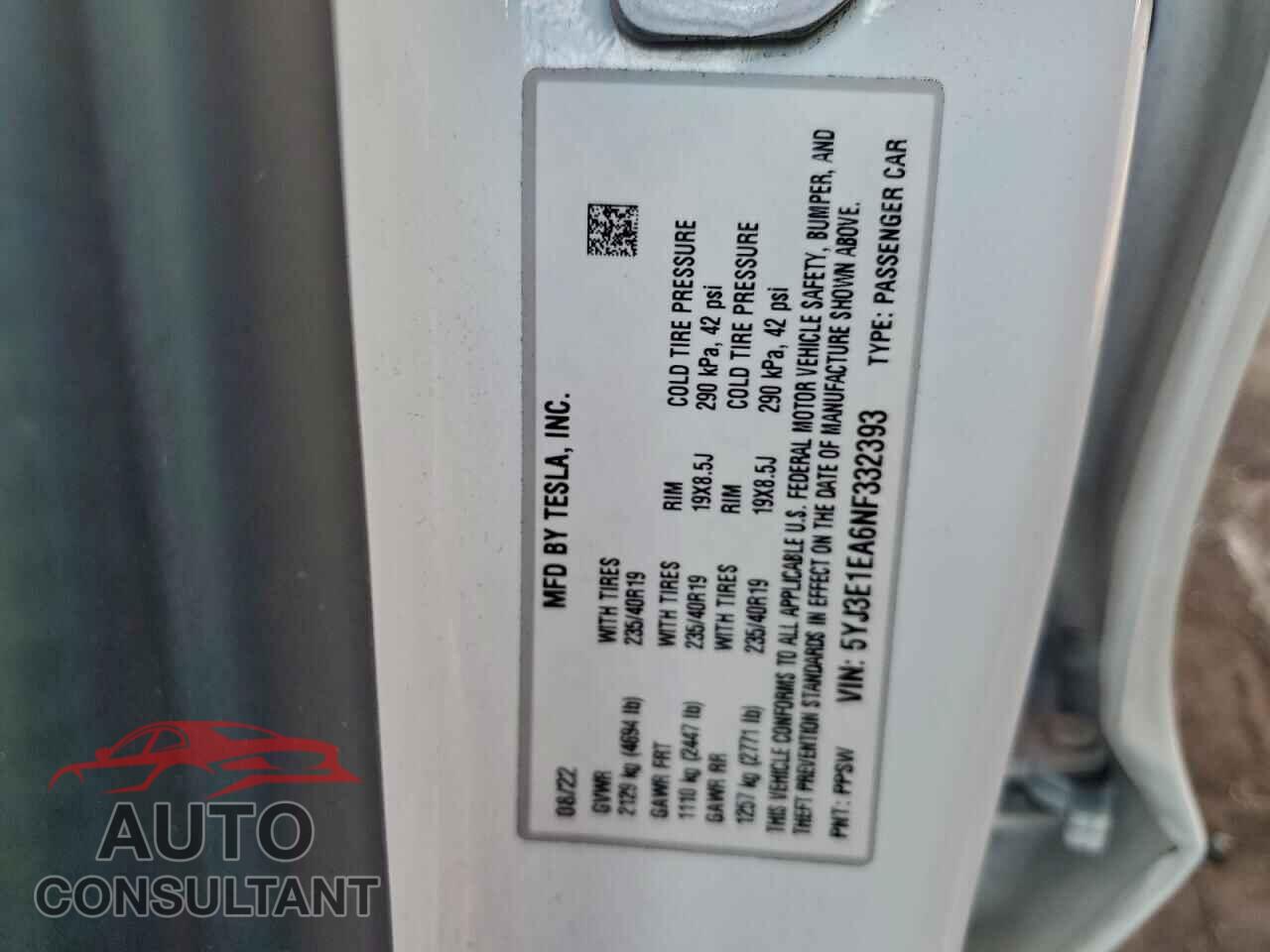 TESLA MODEL 3 2022 - 5YJ3E1EA6NF332393