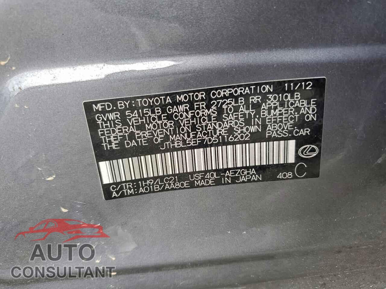LEXUS LS460 2013 - JTHBL5EF7D5116202