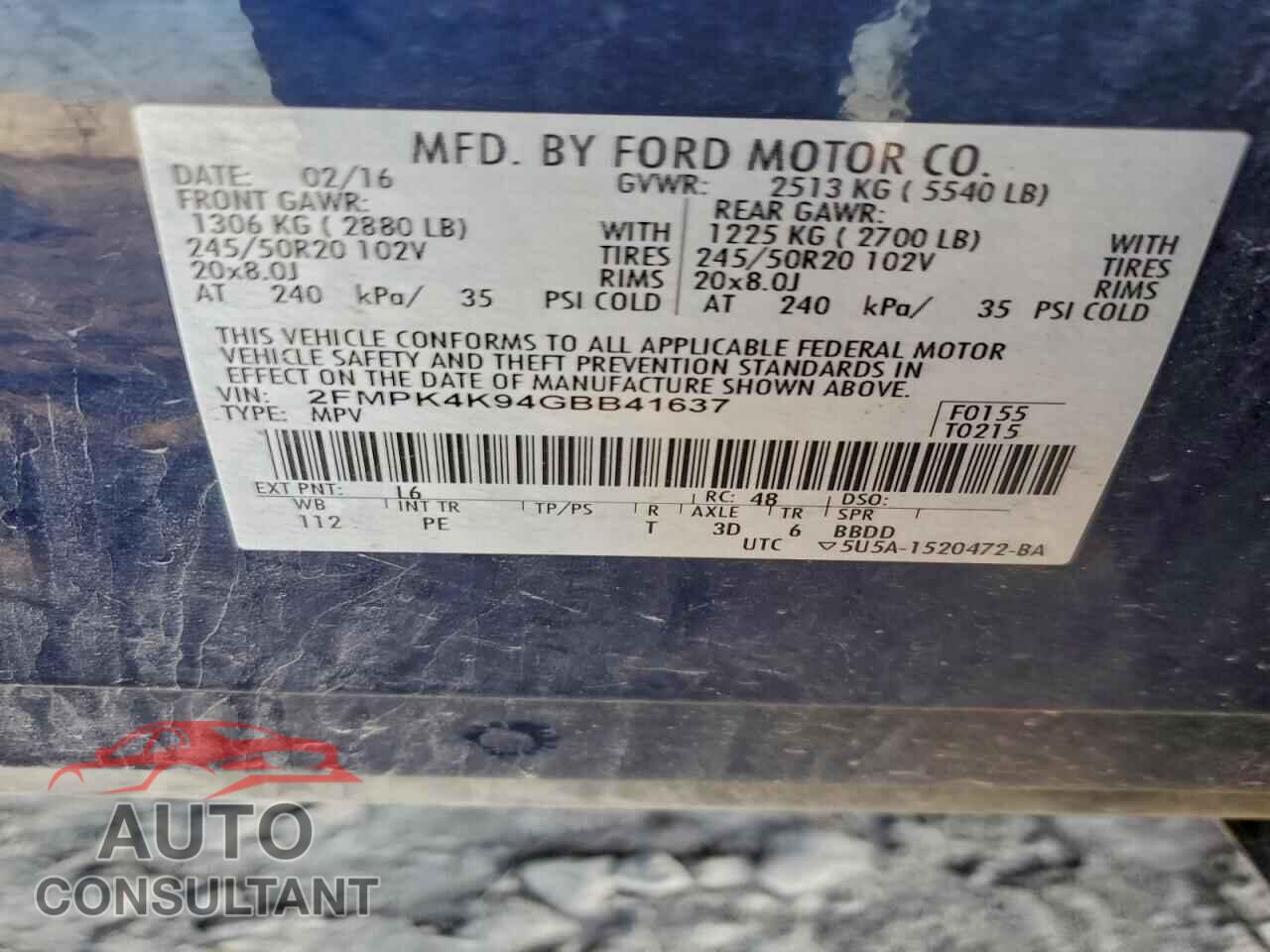 FORD EDGE 2016 - 2FMPK4K94GBB41637